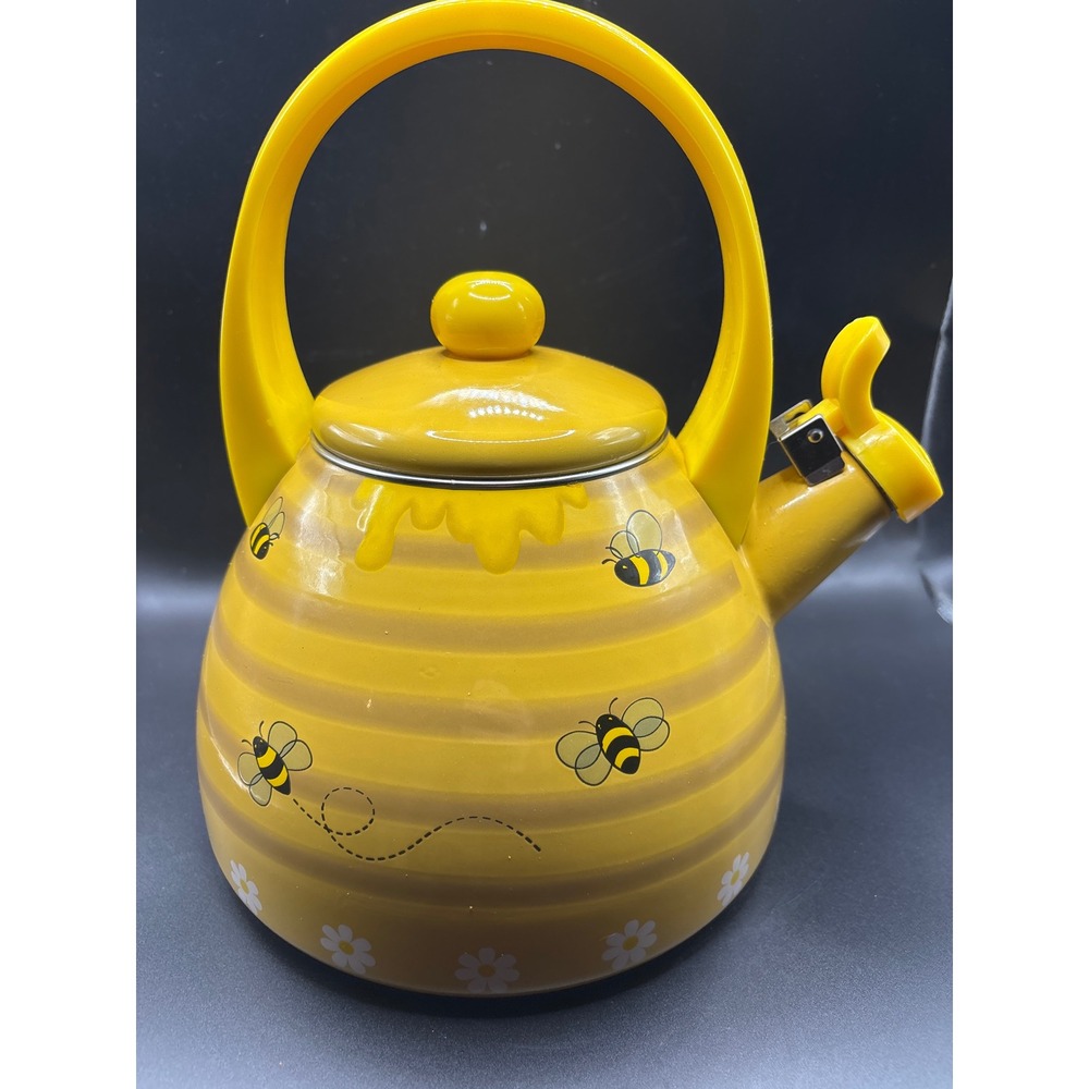 Bumblebee Honey Pot Whistling Tea Kettle Yellow Enamel Stovetop Bee Daisy Design - Picture 3 of 10